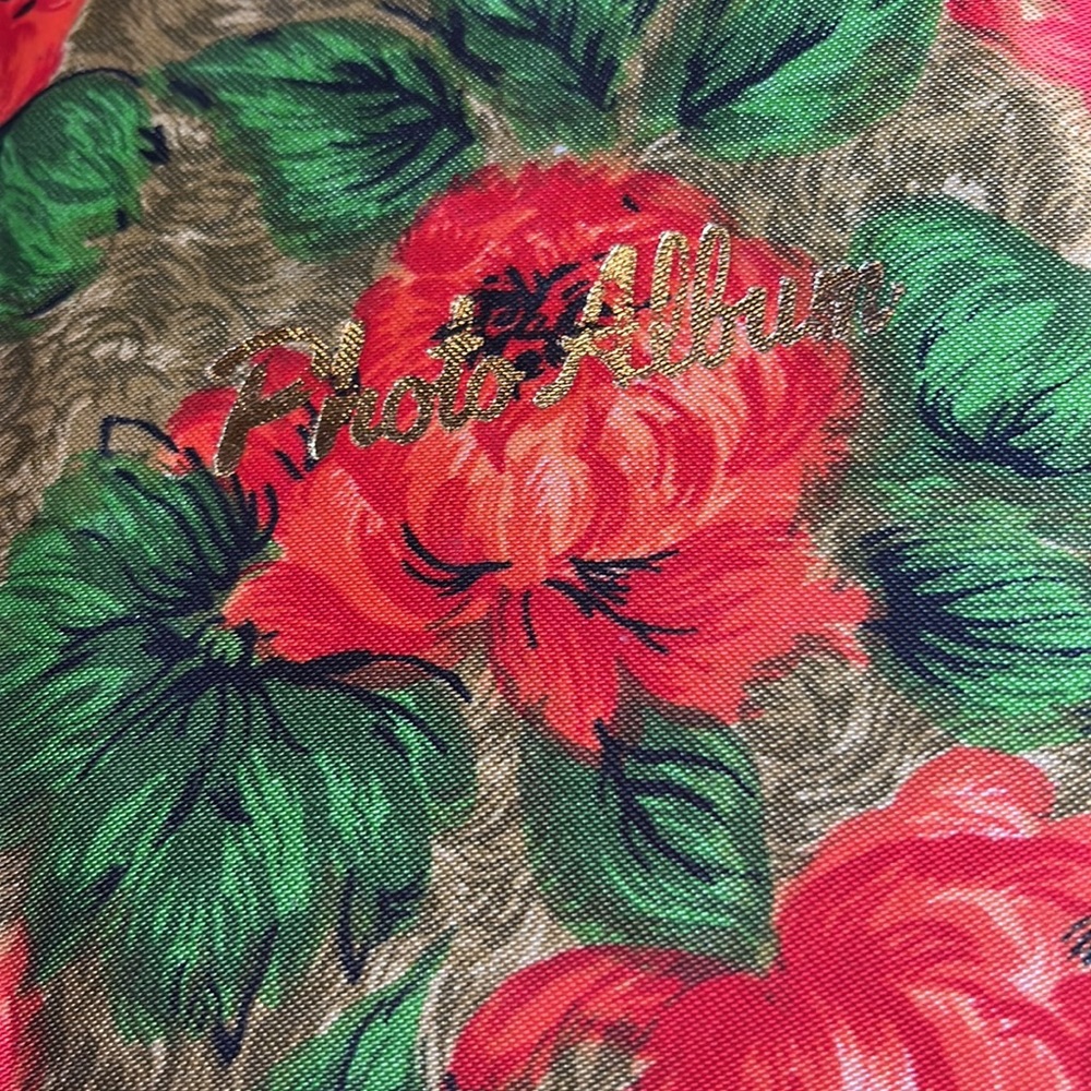 Vintage Red Floral Photo Album with Green Leaves and Gold Script